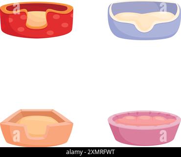 Collezione di colorate ciotole per cani a cartoni animati con cibo, isolate su sfondo bianco Illustrazione Vettoriale