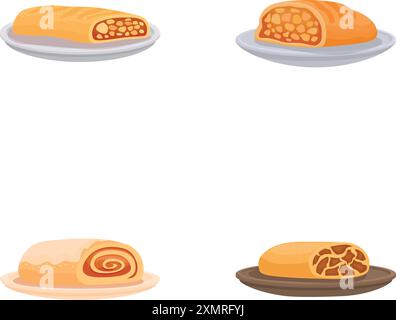 Raccolta di quattro illustrazioni vettoriali di diversi tipi di pane su piastre, isolate su bianco Illustrazione Vettoriale