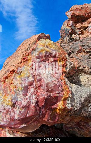 Primo piano, coloratissimi cristalli minerali di legno pietrificato adagiati su un cielo blu brillante Foto Stock