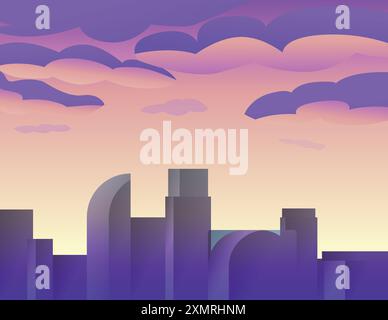 Illustrazione di una grande città con grattacieli al tramonto con colori viola e arancione Illustrazione Vettoriale