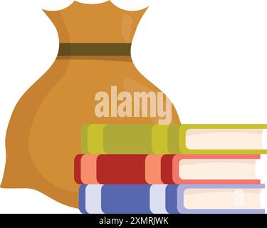Una borsa piena di soldi si trova accanto a una pila di libri che rappresentano il concetto di costose tasse scolastiche Illustrazione Vettoriale