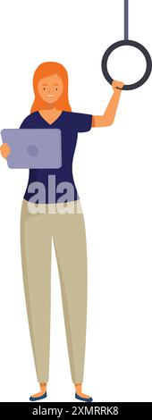 Giovane donna che tiene una maniglia mentre utilizza un tablet digitale sui mezzi pubblici Illustrazione Vettoriale