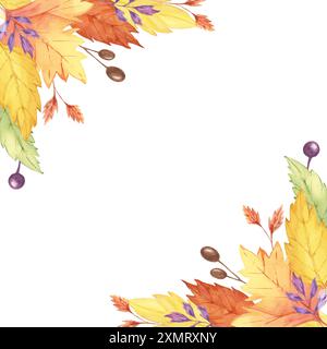 L'autunno incornicierà la clipart ad acquerello con una disposizione ad angolo di foglie e bacche gialle, arancioni e viola. Perfetto per inviti ad eventi autunnali, biglietti d'auguri e arte digitale stagionale. Foto Stock