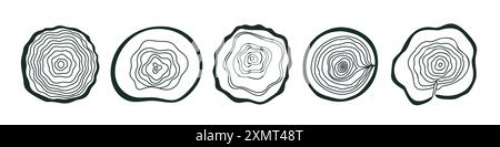 Anelli circolari in legno. Profili arrotondati astratti. Struttura del ceppo d'albero. Legname di quercia. Contorni di sezione organici. Mappa topografica naturale. Foresta Illustrazione Vettoriale
