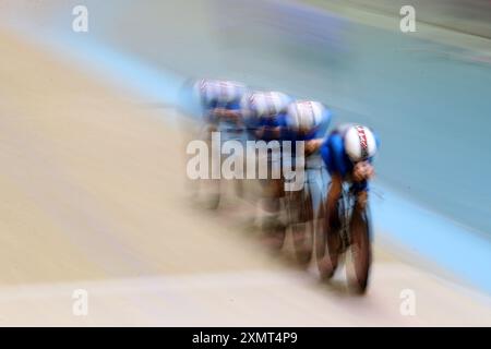 Newport, Regno Unito. 29 luglio 2024. Lunedì 29 luglio 2024, il Team GB si trova al Geraint Thomas National Velodrome of Wales a Newport, nel Galles del Sud. foto di Andrew Orchard/Andrew Orchard Sports Photography/ Alamy Live News Credit: Andrew Orchard Sports Photography/Alamy Live News Foto Stock