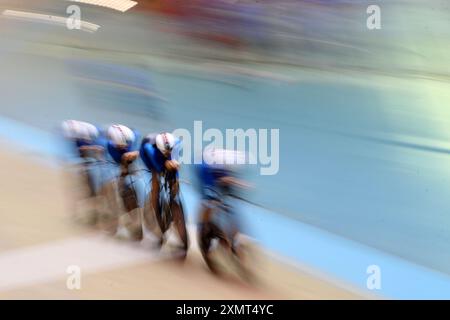 Newport, Regno Unito. 29 luglio 2024. Lunedì 29 luglio 2024, il Team GB si trova al Geraint Thomas National Velodrome of Wales a Newport, nel Galles del Sud. foto di Andrew Orchard/Andrew Orchard Sports Photography/ Alamy Live News Credit: Andrew Orchard Sports Photography/Alamy Live News Foto Stock