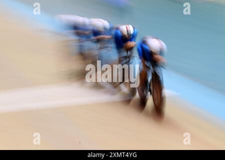 Newport, Regno Unito. 29 luglio 2024. Lunedì 29 luglio 2024, il Team GB si trova al Geraint Thomas National Velodrome of Wales a Newport, nel Galles del Sud. foto di Andrew Orchard/Andrew Orchard Sports Photography/ Alamy Live News Credit: Andrew Orchard Sports Photography/Alamy Live News Foto Stock