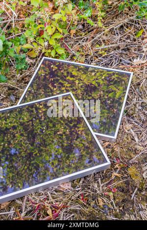 Vecchia tecnologia a energia solare - pannelli solari ASI (Amorphous Silicon) Schott RWE 12 v 5 w. in giardino. Utilizzo di energia solare per un'irrigazione ecocompatibile. Vedere Note. Foto Stock