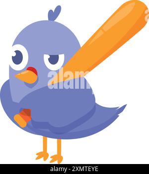 Uccello blu cartoni animati che tiene una mazza da baseball, sembra arrabbiato e pronto a dondolare Illustrazione Vettoriale