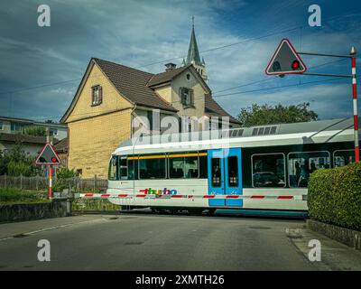 Bahnübergang, Zug, Regionalbahn, Thurbo, Eisenbahn, Schranken, Bahnübergangsschranke, Zugverkehr, Schienenenverkehr, Bahnstrecke, Bahnsignal, Schrankenanlage, Bahnübergangssignal, Eisenbahnkreuzung, Verkehr, Pendlerzug, Öffentlicher Nahverkehr, Zugfahrt, Gleise, Schienen, Eisenbahnsignal, Bahnübergangswarnung, Warnsignal, Sicherheitsmaßnahmen, Schieneneninfrastruktur, Bahnbetrieb, Eisenbahnunternehmen, Regionalzug, Bahnfahrt, Bahnreisen, Zugsicherheit, Schweiz, Symbolbild. *** Passaggio a livello, treno, treno regionale, Thurbo, ferrovia, barriere, barriere di attraversamento a livello, traffico ferroviario, traffico ferroviario, ra Foto Stock