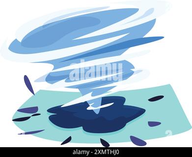 Il tornado blu ruota sulla terra, creando caos e distruzione nel suo percorso Illustrazione Vettoriale