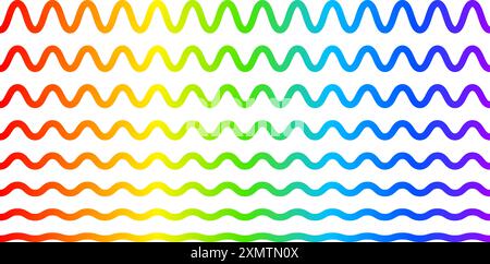 Serie di linee ondulate con stampa arcobaleno. Curve dello spettro luminoso visibile. Strisce ondulate multicolore isolate su sfondo bianco. Bordi ondulati con effetto sfumatura. Illustrazione vettoriale. Illustrazione Vettoriale