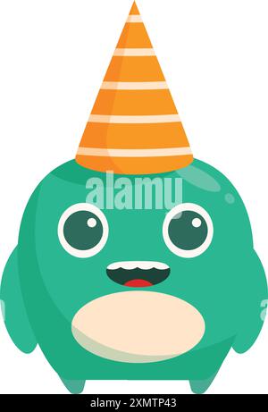 Felice mostro dei cartoni animati che indossa un cappello di compleanno sorridente Illustrazione Vettoriale