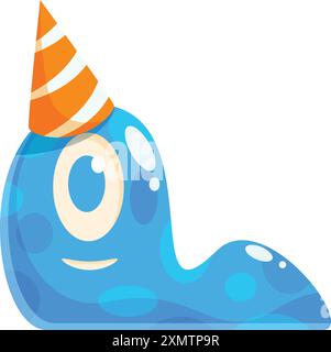 Mostro blu sorridente che indossa un cappello di compleanno bianco e arancione Illustrazione Vettoriale