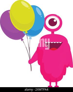 Felice mostro rosa dei cartoni animati con tre palloncini colorati, sorridente e pronto a festeggiare Illustrazione Vettoriale