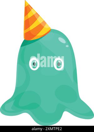 Allegro mostro verde che indossa un cappello festoso per festeggiare un compleanno con gioia Illustrazione Vettoriale