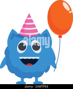 Mostro dei cartoni animati blu che indossa un cappello da festa e tiene in mano un palloncino arancione Illustrazione Vettoriale