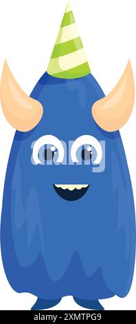 Simpatico mostro blu dei cartoni animati che indossa un cappello da festa e sorride Illustrazione Vettoriale