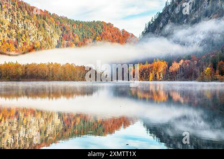 Affascinante scenario autunnale di nebbia e soleggiata mattinata sul lago Almsee. Popolare destinazione di viaggio. Ubicazione: Lago Almsee, valle Almtal, Salzkammergut re Foto Stock