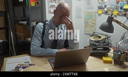 Uomo stanco e calvo con la barba alla scrivania dell'ufficio investigativo, che guarda il laptop in presenza di prove e il tabellone di investigazione all'interno. Foto Stock