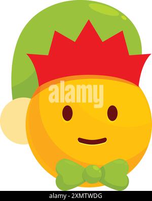 Emoji degli elfi di Natale con cappello verde e cravatta sorridente Illustrazione Vettoriale