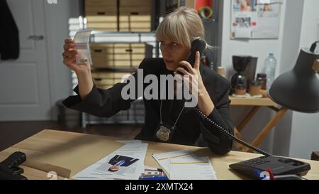 Una donna bionda detective esamina le prove mentre parla al telefono in un ufficio occupato della stazione di polizia. Foto Stock