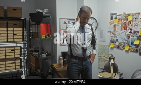 Un uomo maturo con un distintivo si trova penosamente in un ufficio investigativo disordinato, con una bacheca delle prove e dei fascicoli. Foto Stock