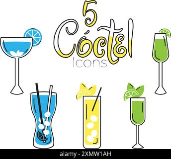 Le icone cocktail impostano il vettore di schizzo colorato Illustrazione Vettoriale