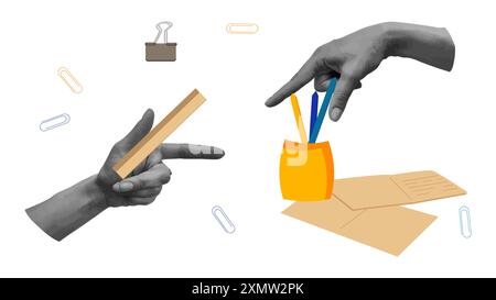 Ritorno a scuola collage con le mani mezzitoni. Cartoline, notebook, banner di design di tendenza. Illustrazione vettoriale. Illustrazione Vettoriale