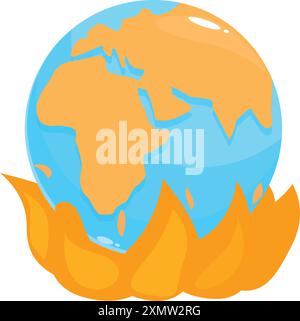Illustrazione cartoon del pianeta Terra che brucia in fiamme che mostra il riscaldamento globale Illustrazione Vettoriale