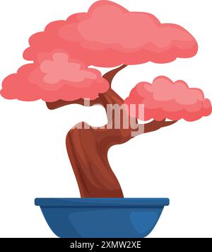 Albero decorativo di bonsai rosa che cresce in un vaso blu, arte giapponese in miniatura Illustrazione Vettoriale