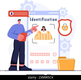 Illustrazione del vettore di identificazione di una carta d'identità con foto, documento e informazioni in un sistema Face ID su sfondo di cartone animato piatto Illustrazione Vettoriale
