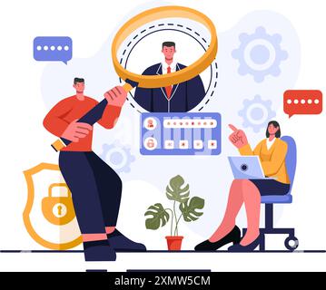 Illustrazione del vettore di identificazione di una carta d'identità con foto, documento e informazioni in un sistema Face ID su sfondo di cartone animato piatto Illustrazione Vettoriale