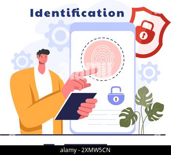 Illustrazione del vettore di identificazione di una carta d'identità con foto, documento e informazioni in un sistema Face ID su sfondo di cartone animato piatto Illustrazione Vettoriale