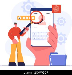 Illustrazione del vettore di identificazione di una carta d'identità con foto, documento e informazioni in un sistema Face ID su sfondo di cartone animato piatto Illustrazione Vettoriale