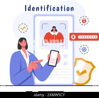 Illustrazione del vettore di identificazione di una carta d'identità con foto, documento e informazioni in un sistema Face ID su sfondo di cartone animato piatto Illustrazione Vettoriale