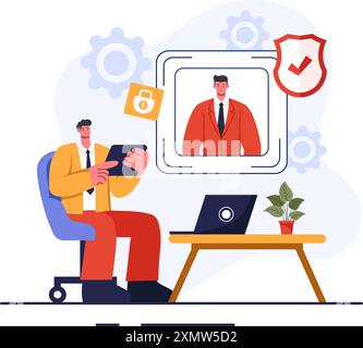 Illustrazione del vettore di identificazione di una carta d'identità con foto, documento e informazioni in un sistema Face ID su sfondo di cartone animato piatto Illustrazione Vettoriale