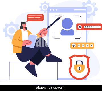 Illustrazione del vettore di identificazione di una carta d'identità con foto, documento e informazioni in un sistema Face ID su sfondo di cartone animato piatto Illustrazione Vettoriale