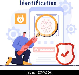 Illustrazione del vettore di identificazione di una carta d'identità con foto, documento e informazioni in un sistema Face ID su sfondo di cartone animato piatto Illustrazione Vettoriale