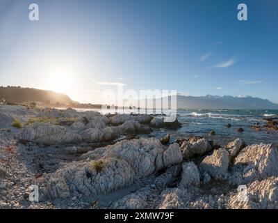 Golden Sunset Serenity: Paesaggio costiero di Kaikoura con vista sulla scogliera del mare e delle montagne, abbracciando la bellezza del sud della nuova Zelanda Foto Stock