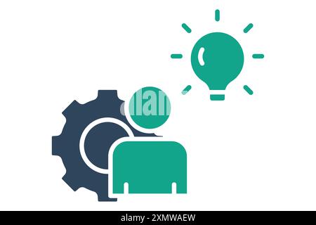 Icona del fondatore. persone con attrezzatura e lampadina. icona relativa alla derivazione. stile icona linea continua. illustrazione vettoriale degli elementi aziendali Illustrazione Vettoriale