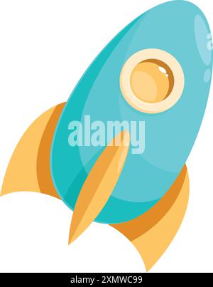 Illustrazione di un cartone animato di una nave missilistica blu che vola verso l'alto con fiamme che escono dal fondo Illustrazione Vettoriale