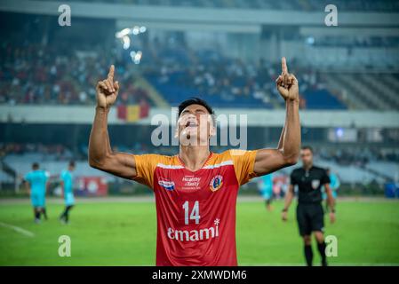 Kolkata, Bengala Occidentale, India. 30 luglio 2024. La squadra di calcio dell'Emami East Bengal vanta una comoda vittoria sulla squadra di calcio dell'Indian Air Force nella 133a IndianOil Durand Cup (incontro del gruppo A) con un margine di 3-1 allo stadio VYBK. David Lalhlansanga, Dimitrios Diamantakos e Saul Crespo hanno segnato per l'EastBengal, mentre Somananda Singh ha segnato per l'Airforce. (Credit Image: © Amlan Biswas/Pacific Press via ZUMA Press Wire) SOLO PER USO EDITORIALE! Non per USO commerciale! Crediti: ZUMA Press, Inc./Alamy Live News Foto Stock