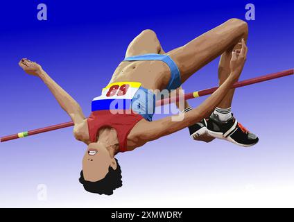 L'atleta astratto salta in altezza su uno sfondo blu-bianco. Illustrazione vettoriale 3D. Illustrazione Vettoriale