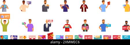 Set di icone dei certificati regalo Man Hold. Uomini di diverse etnie che possiedono carte regalo e buoni, promuovono offerte speciali e sconti Illustrazione Vettoriale