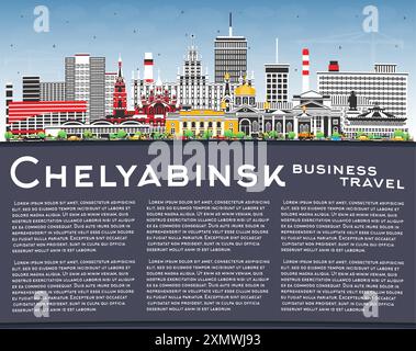 Skyline della città di Chelyabinsk in Russia con edifici colorati, cielo blu e spazio fotocopie. Illustrazione vettoriale. Paesaggio urbano di Chelyabinsk con monumenti storici. Illustrazione Vettoriale