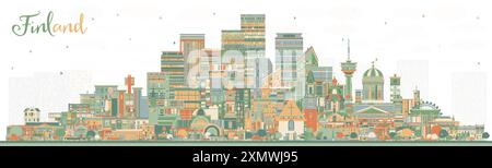 Skyline della città finlandese con edifici colorati. Illustrazione vettoriale. Concetto con architettura storica e moderna. Paesaggio urbano della Finlandia con monumenti storici. Illustrazione Vettoriale