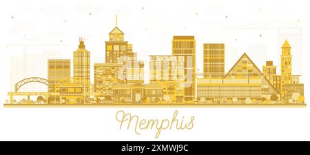 Profilo della città di Memphis, Tennessee, con edifici dorati isolati su White. Illustrazione vettoriale. Illustrazione Vettoriale