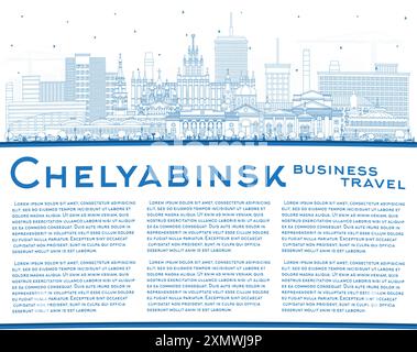 Delinea lo skyline della città di Chelyabinsk in Russia con edifici blu e spazi fotografici. Illustrazione vettoriale. Paesaggio urbano di Chelyabinsk con monumenti storici. Concetto di turismo Illustrazione Vettoriale