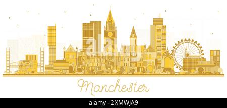 Skyline di Manchester con edifici dorati isolati sul bianco. Illustrazione vettoriale. Illustrazione Vettoriale